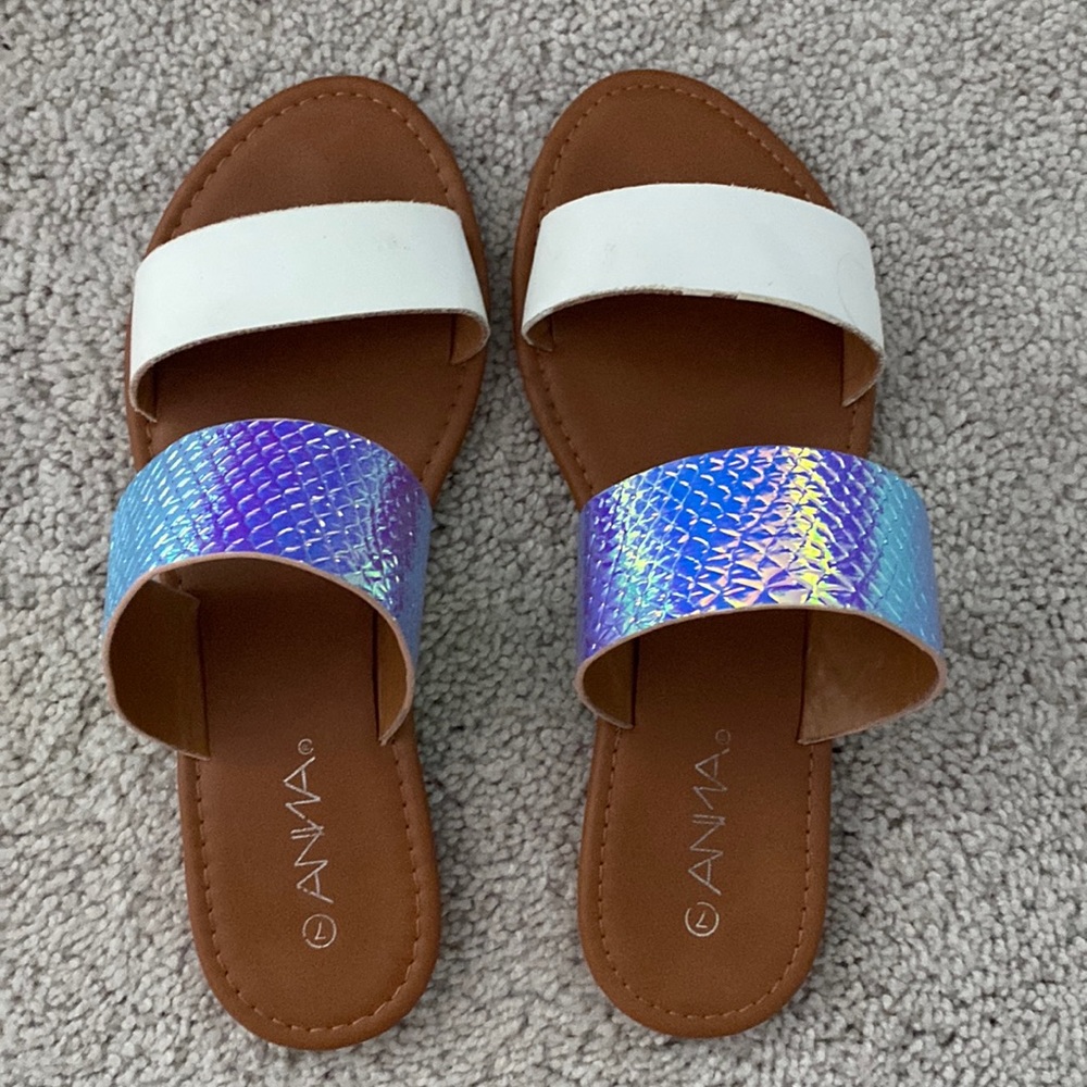 Iridescent and white strapped slip on sandals size 7